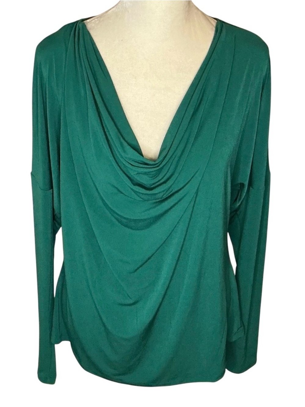 Emerald Green Cowl Neck Top Sz L Dolman Sleeve Draped L I.N.C.